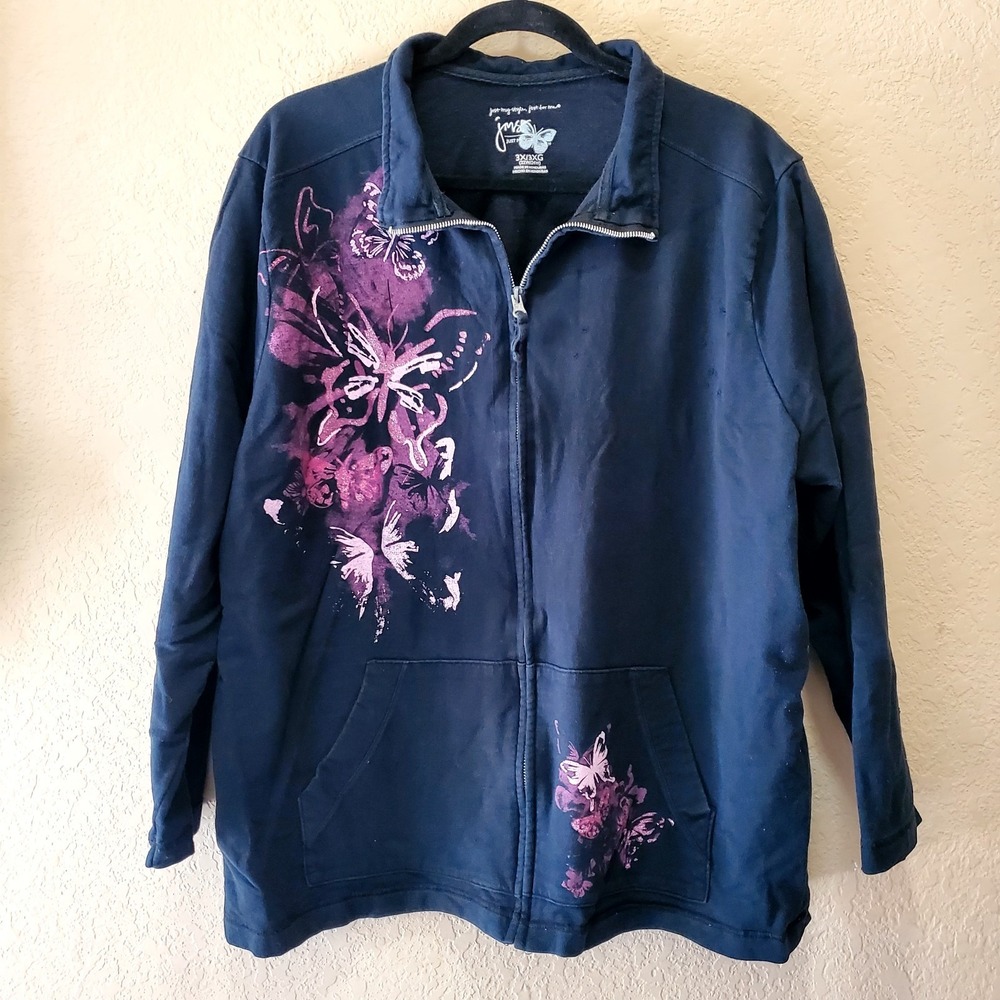 Just My Size ● Women's Full-Zip Black Shacket W/Pink Floral Accents ●‎ Size 3XL
